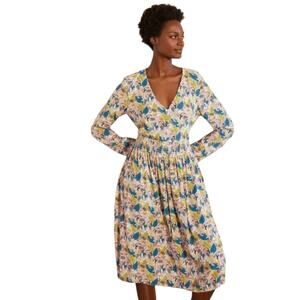 Boden Dress Womens 4 Susannah Smocked Toucan Print Long Sleeve Midi Tropical